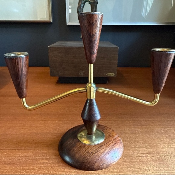 Mcm Mid-century modern vintage teak/rosewood ? brass candle holder - Picture 10 of 12